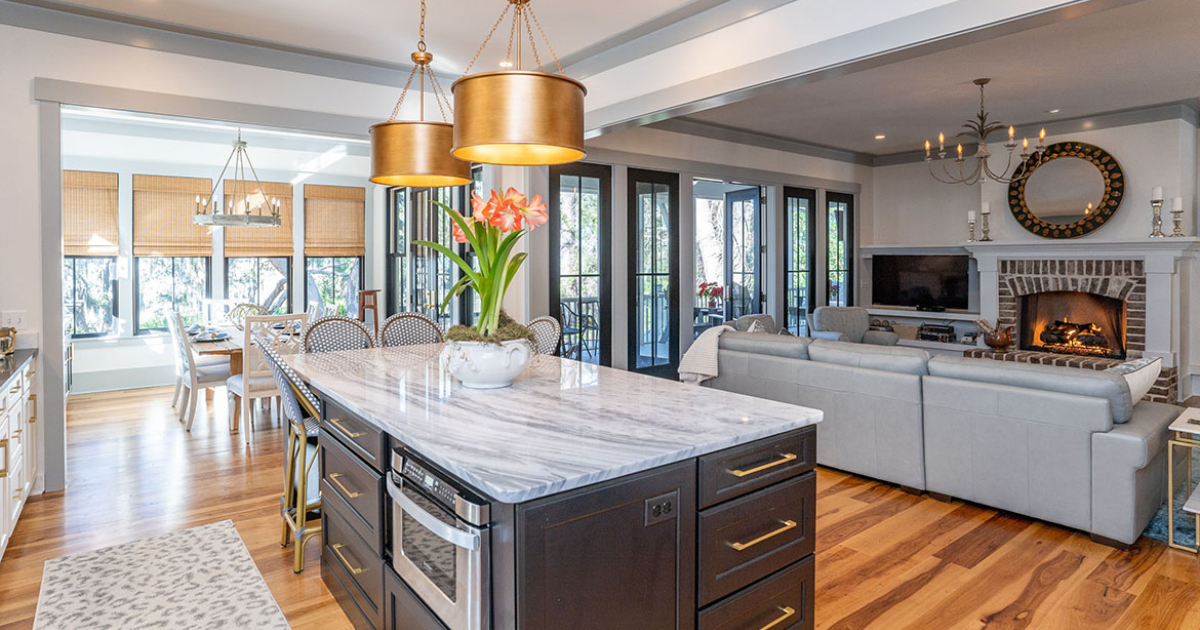 large kitchen island and open concept from floor plan Oak Island Retreat (18386)